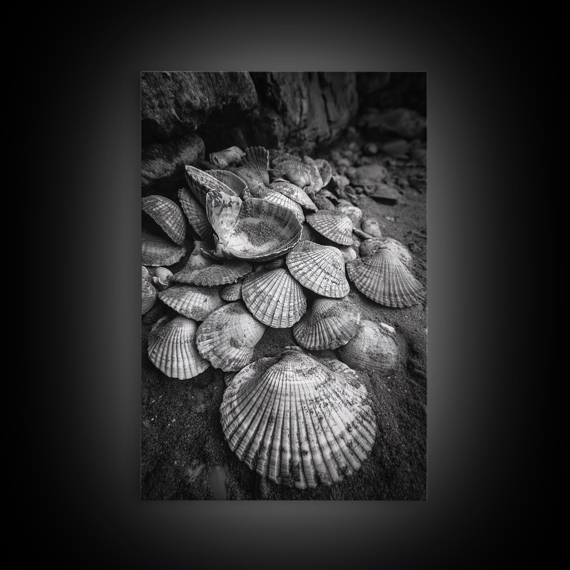 Seashell Pile, Textured Beach, Coastal Treasures, Natural Beauty Framed Canvas Print, bathroom decor, shell art, beach wall style