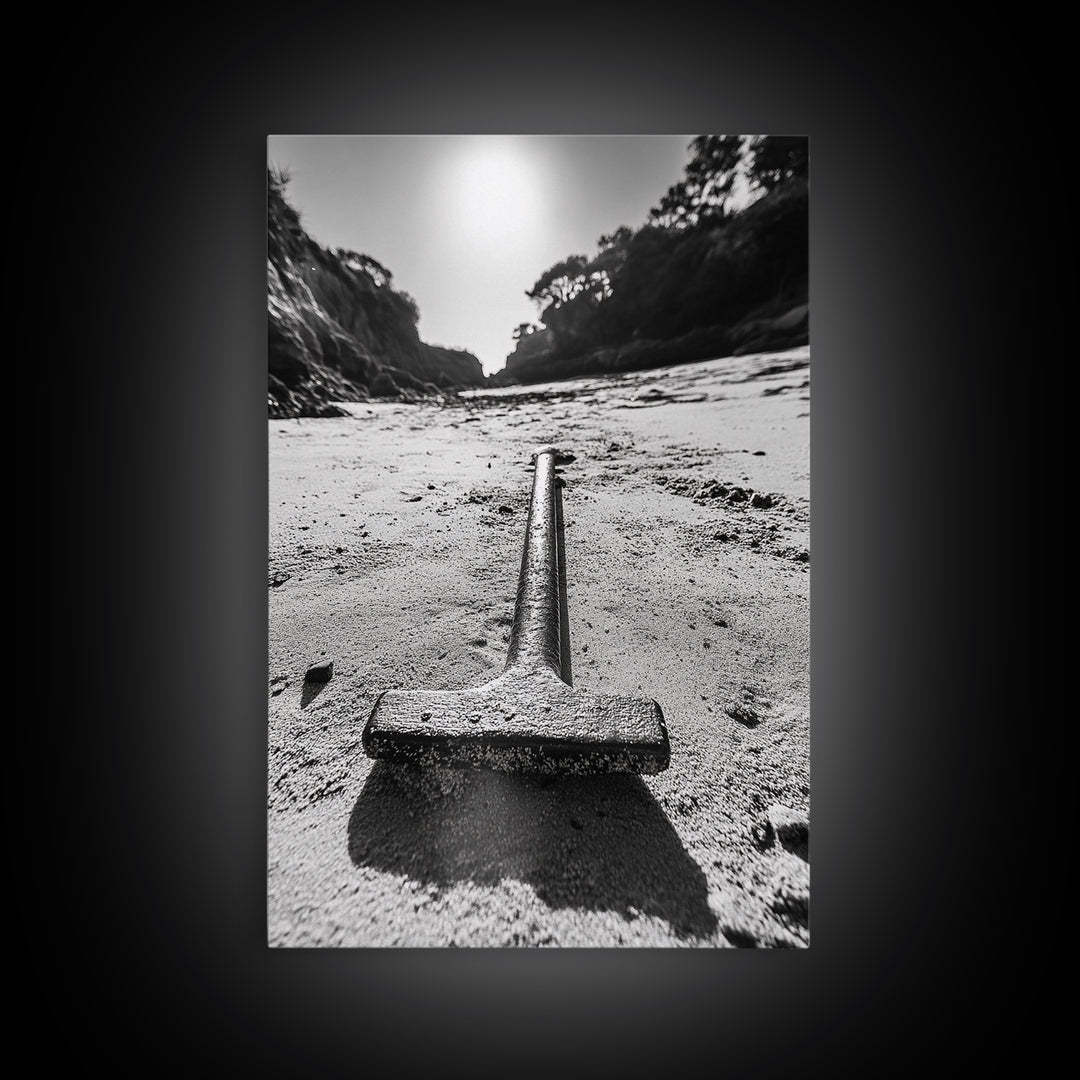 Industrial beach relic, iron hammer, rustic textures, minimalist black and white, Canvas Print, man cave art, coastal masculine decor