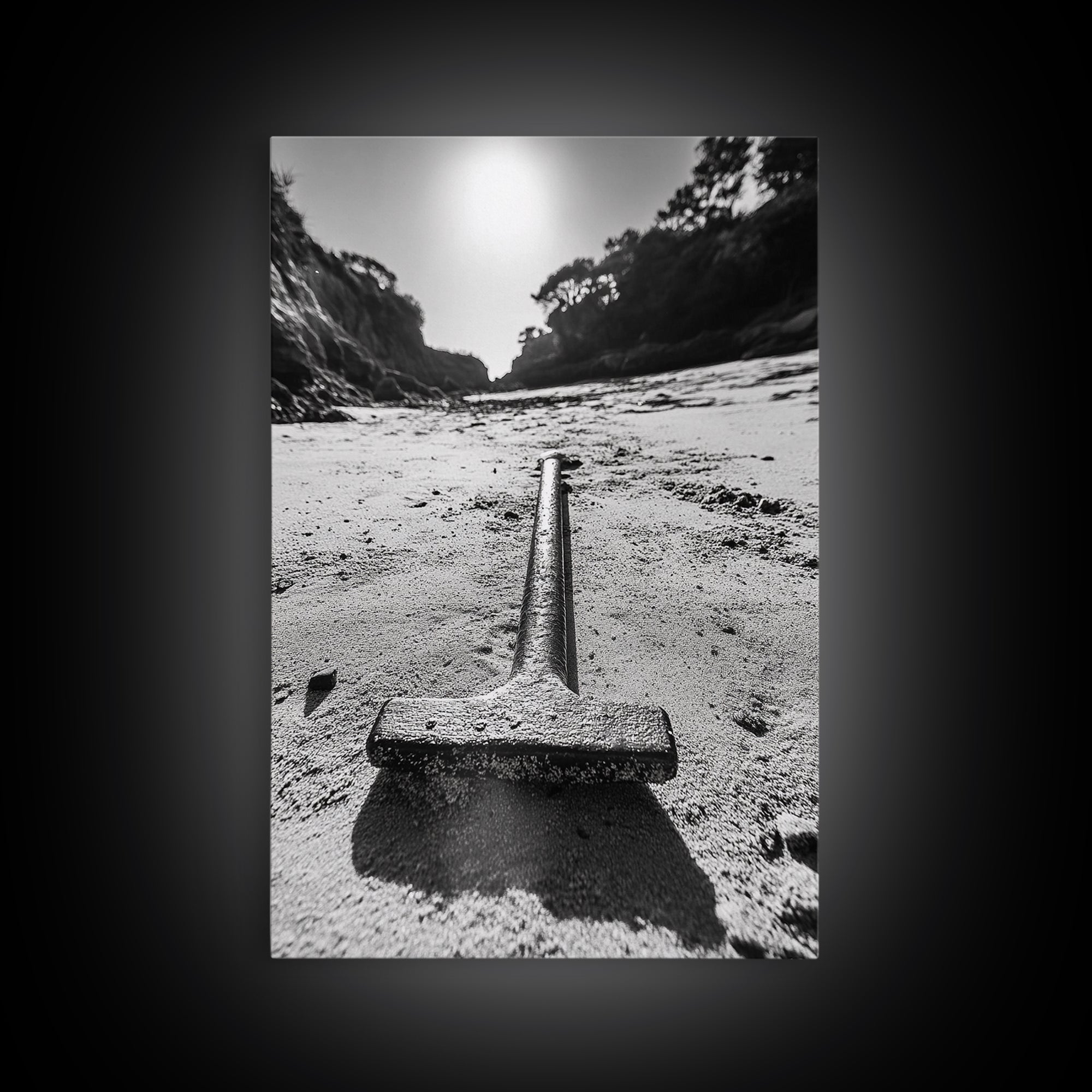 Industrial beach relic, iron hammer, rustic textures, minimalist black and white, Canvas Print, man cave art, coastal masculine decor