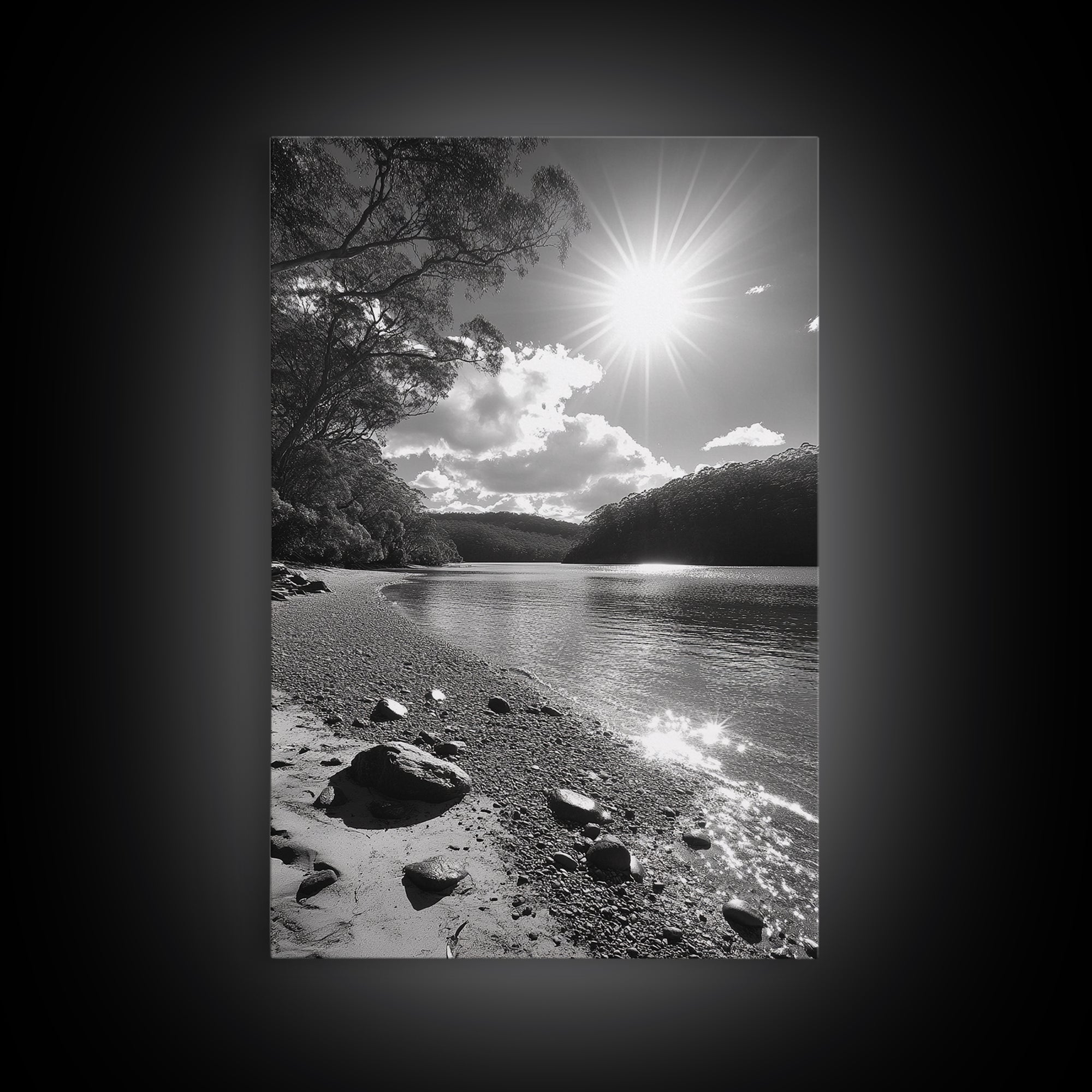 Ocean Shoreline, Serene Landscape, Coastal Photography, Canvas Print, Modern Nature Decor, Living Room Wall Art, Black and White Art