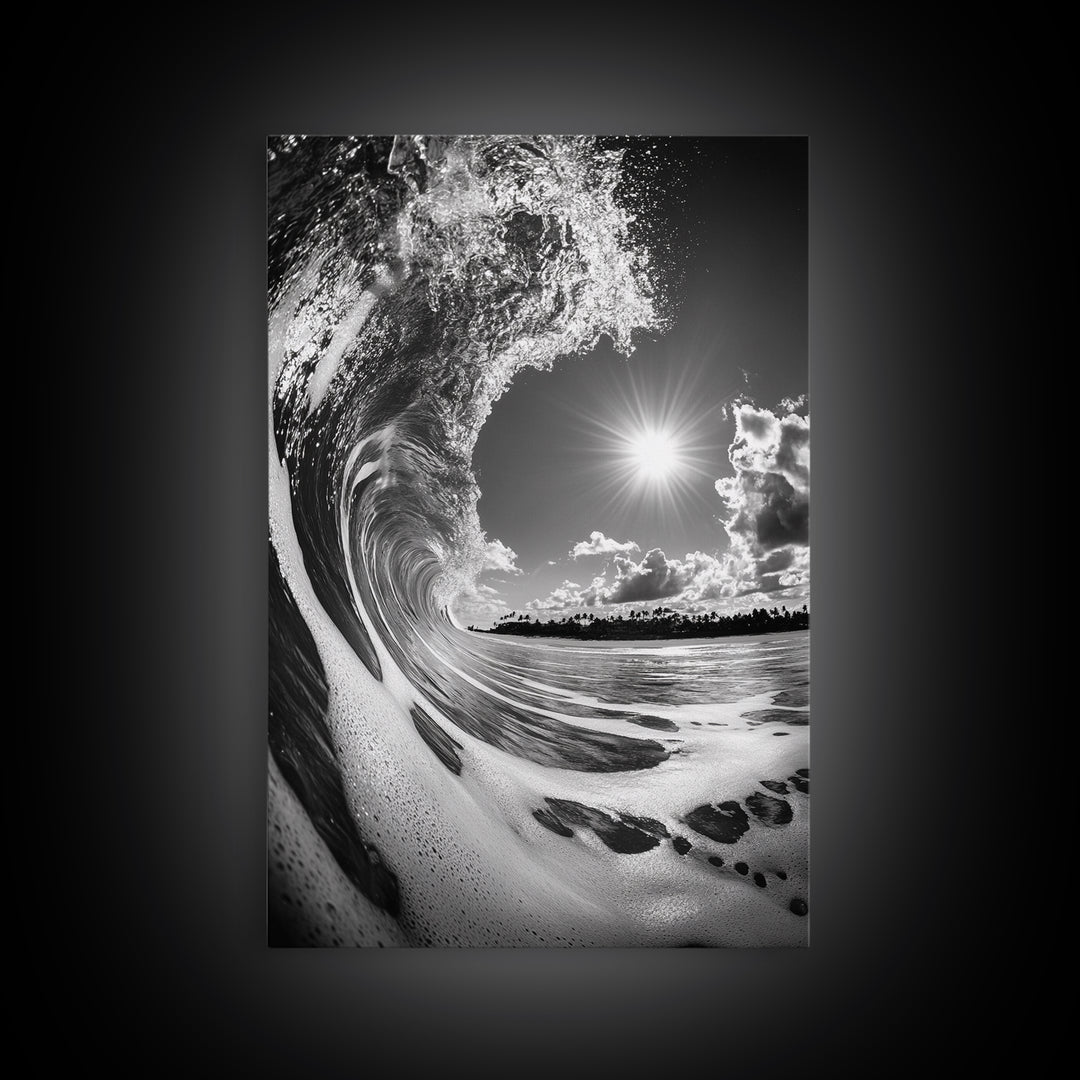 Wave Photography, Surfer Dream, Sea Curl Motion, Framed Canvas Print, Coastal Wall Art, Beach House Decor, Monochrome Ocean Style