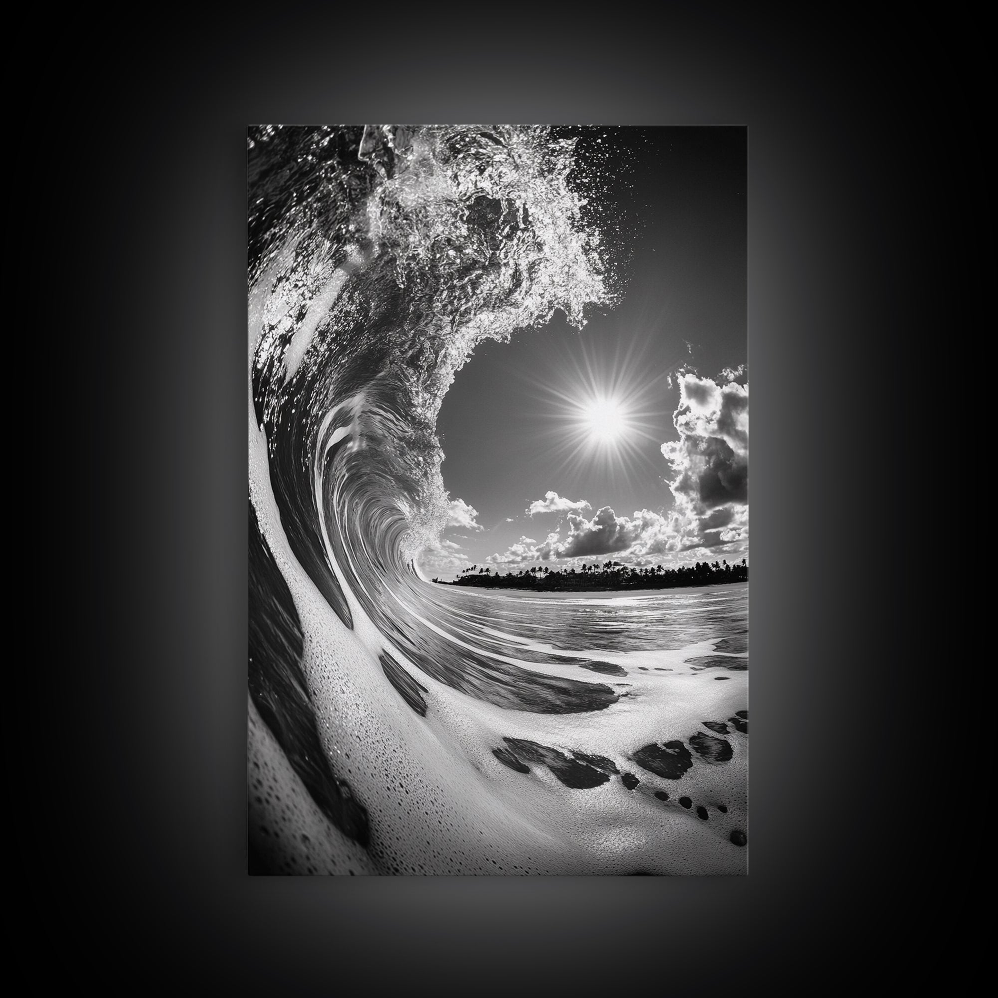 Wave Photography, Surfer Dream, Sea Curl Motion, Framed Canvas Print, Coastal Wall Art, Beach House Decor, Monochrome Ocean Style