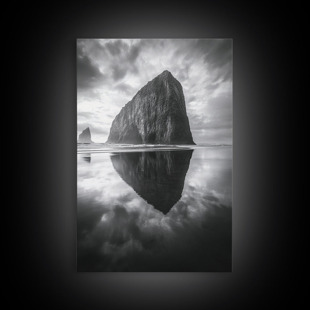 Coastal Rock, Haystack Reflection, Tranquil Beach Scene, Framed Canvas Print, Minimalist Art, Bathroom or Entryway Wall Art
