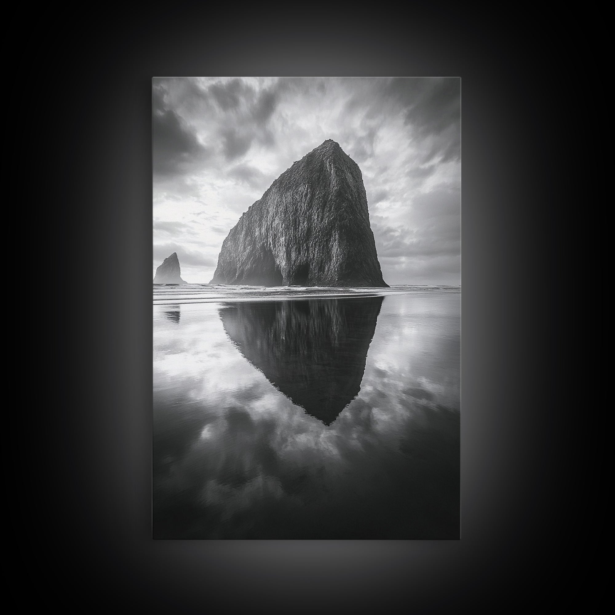 Coastal Rock, Haystack Reflection, Tranquil Beach Scene, Framed Canvas Print, Minimalist Art, Bathroom or Entryway Wall Art