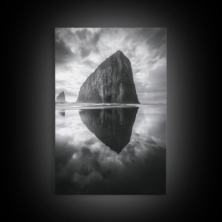 Coastal Rock, Haystack Reflection, Tranquil Beach Scene, Framed Canvas Print, Minimalist Art, Bathroom or Entryway Wall Art
