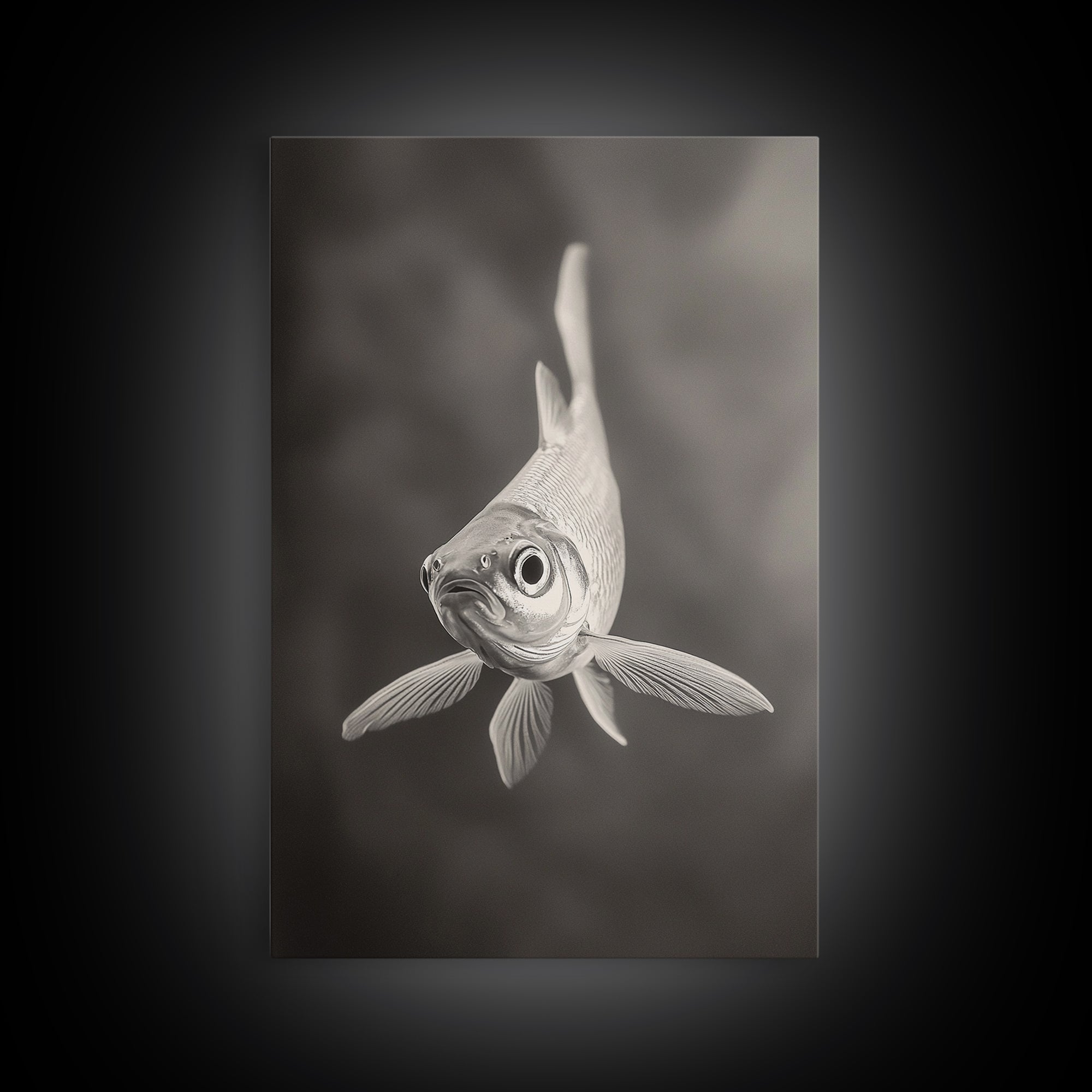 Curious Fish, Underwater Focus, Moody Marine Life, Framed Canvas Print, Bathroom Wall Art, Black and White Ocean Wildlife Decor