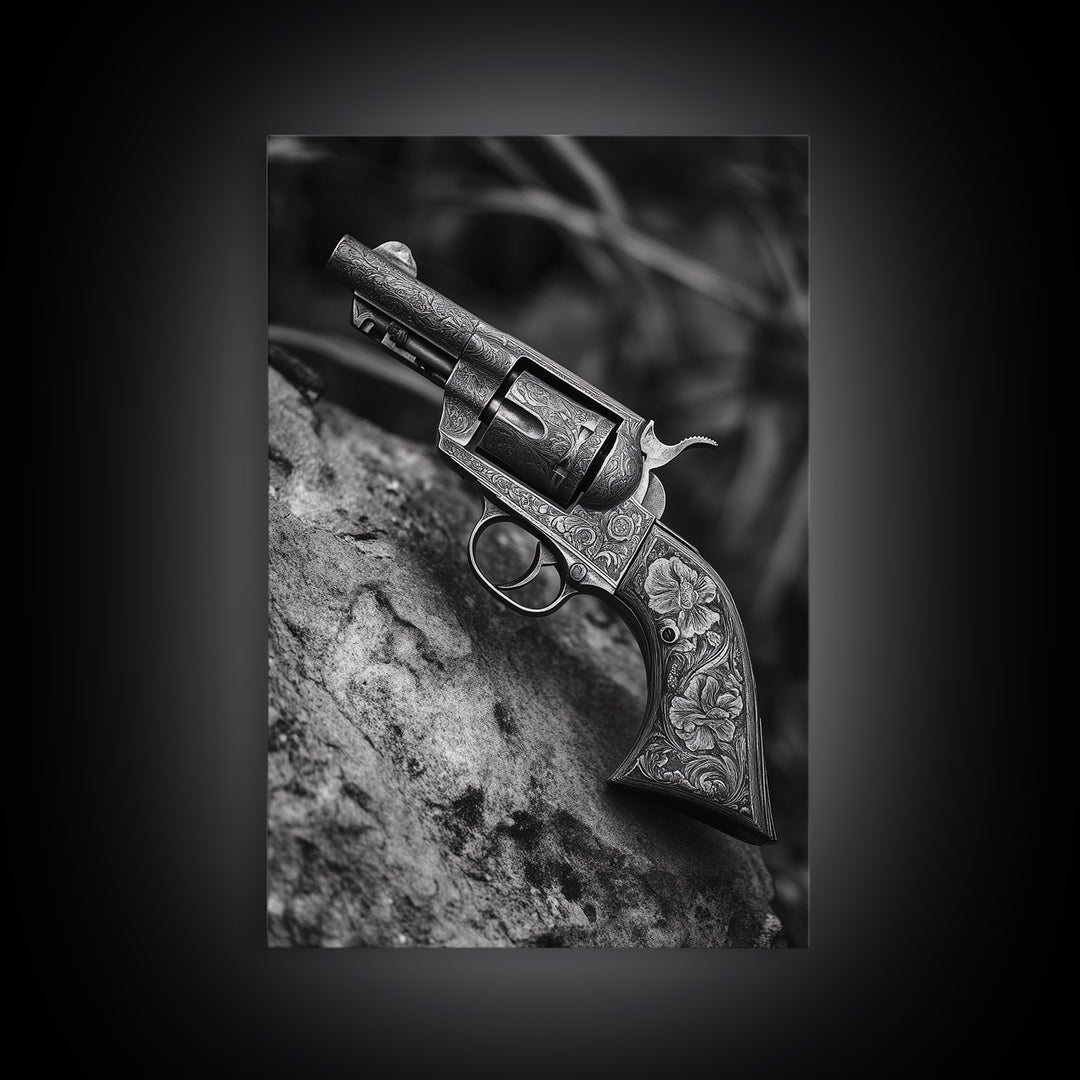 Floral Engraved Revolver, Vintage Western Gun, Cowboy Detail Shot, Canvas Print, Man Cave Art, Rustic Americana Wall Style