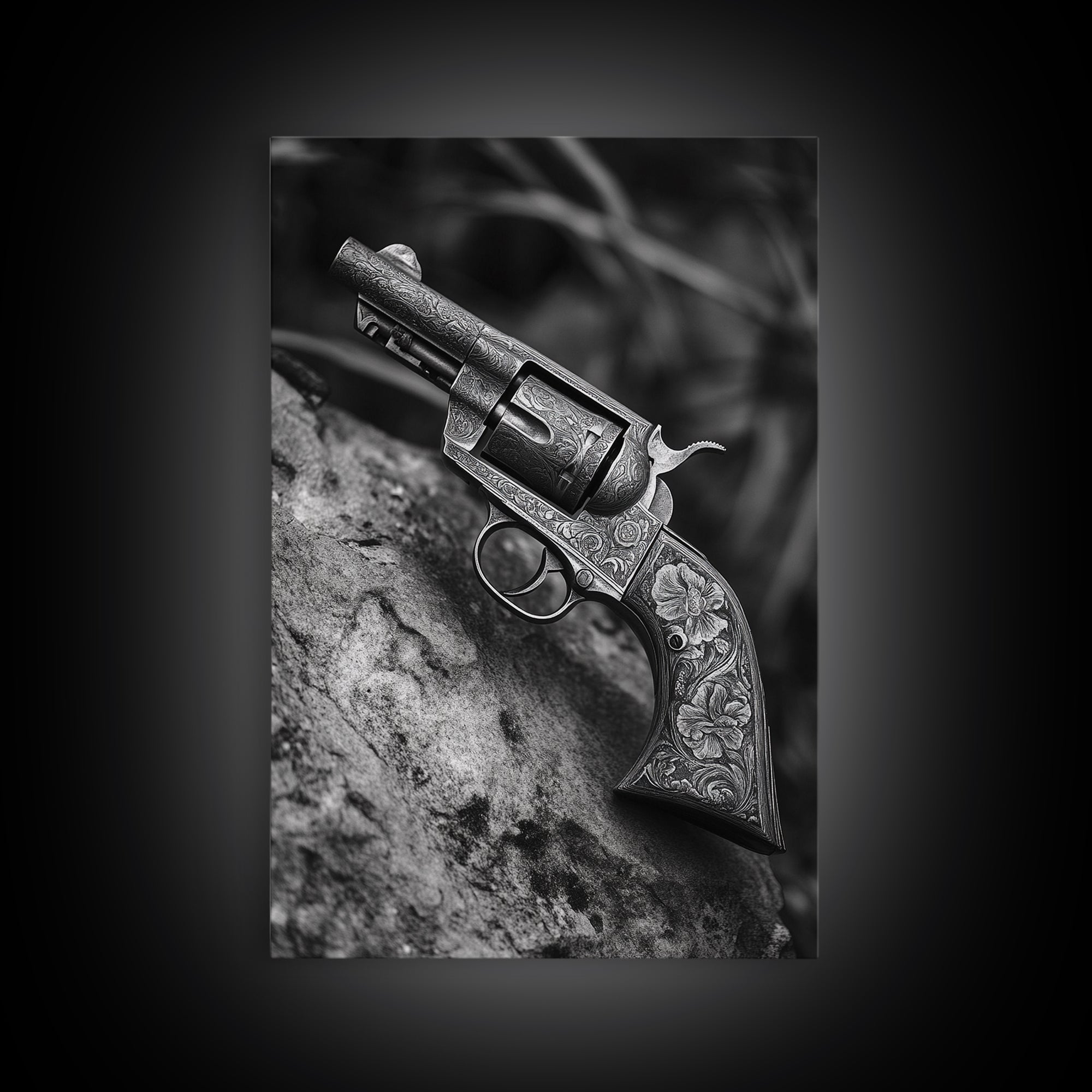 Floral Engraved Revolver, Vintage Western Gun, Cowboy Detail Shot, Canvas Print, Man Cave Art, Rustic Americana Wall Style