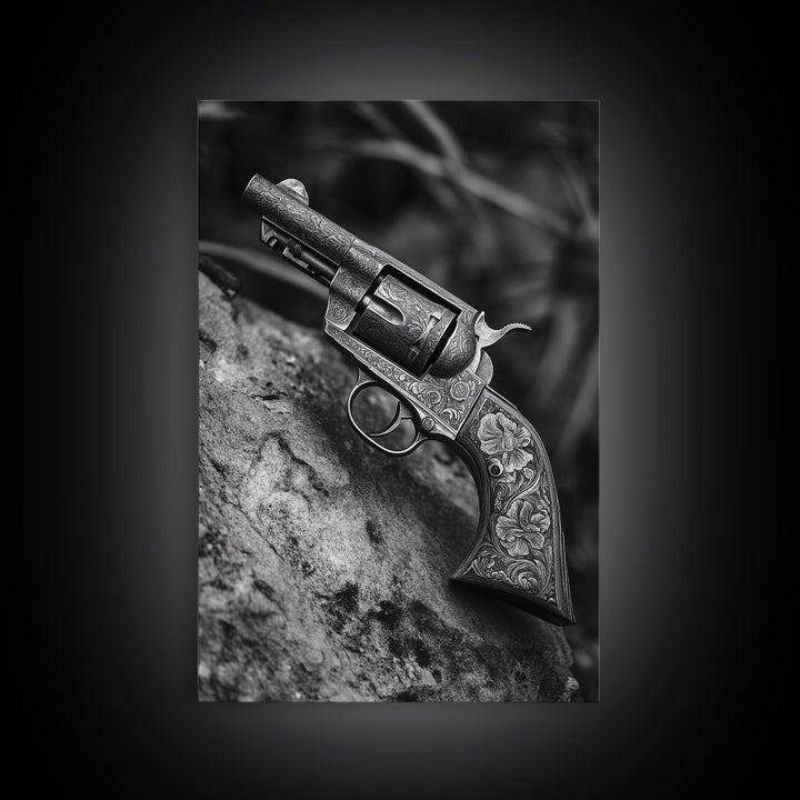 Floral Engraved Revolver, Vintage Western Gun, Cowboy Detail Shot, Canvas Print, Man Cave Art, Rustic Americana Wall Style