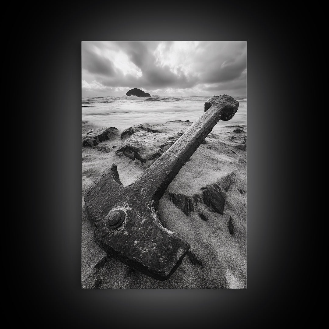 Ocean anchor scene, nautical coastal vibes, shipwreck inspiration, stormy sky, Framed Canvas Print, entryway art, maritime wall decor