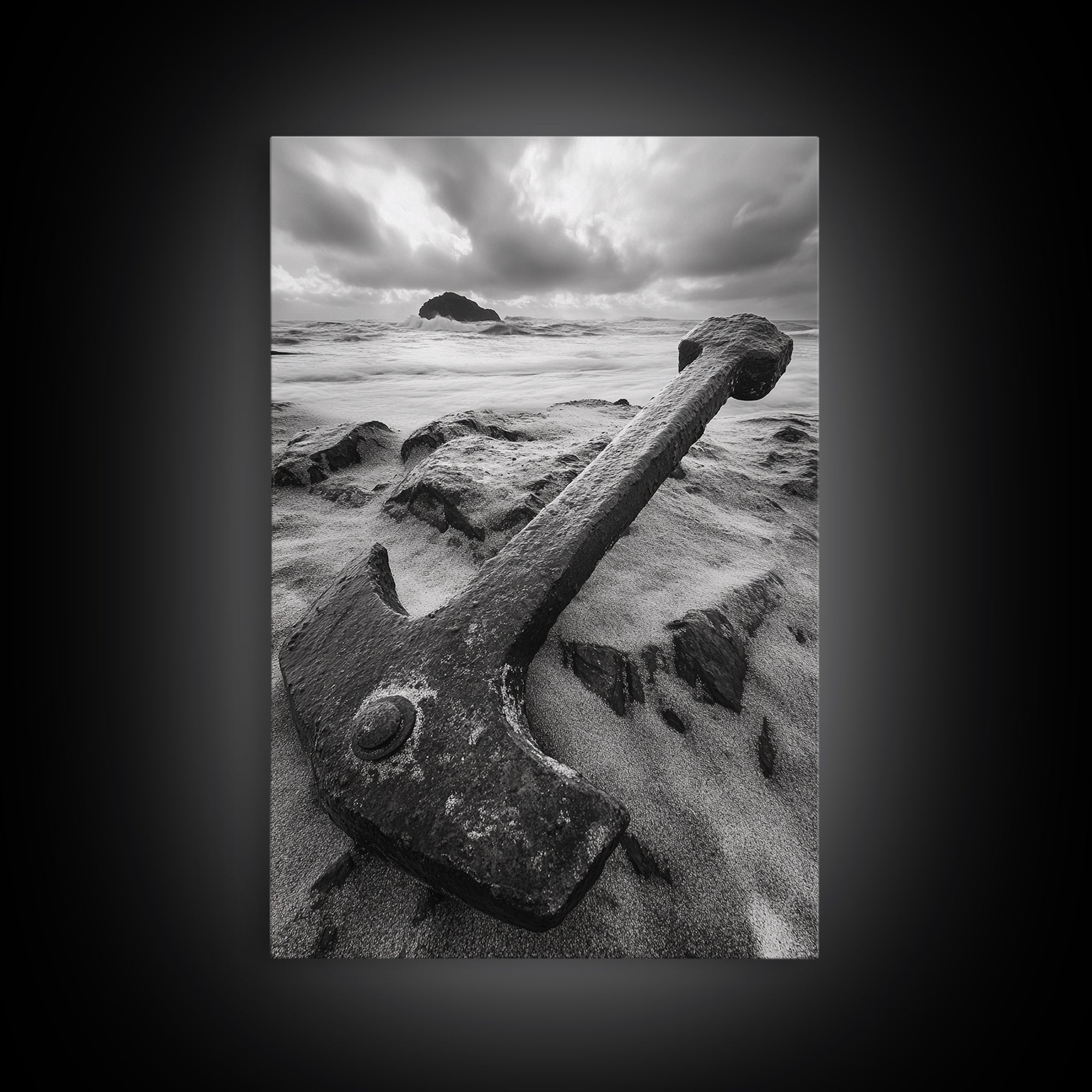 Ocean anchor scene, nautical coastal vibes, shipwreck inspiration, stormy sky, Framed Canvas Print, entryway art, maritime wall decor