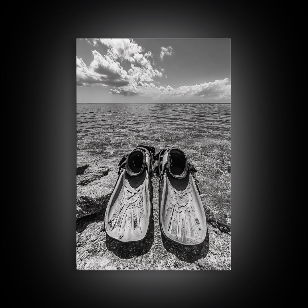Ocean Fins, Coastal Escape, Underwater Adventure, Canvas Print, Beach Bathroom Wall Art, Nautical Photography, Black and White Decor