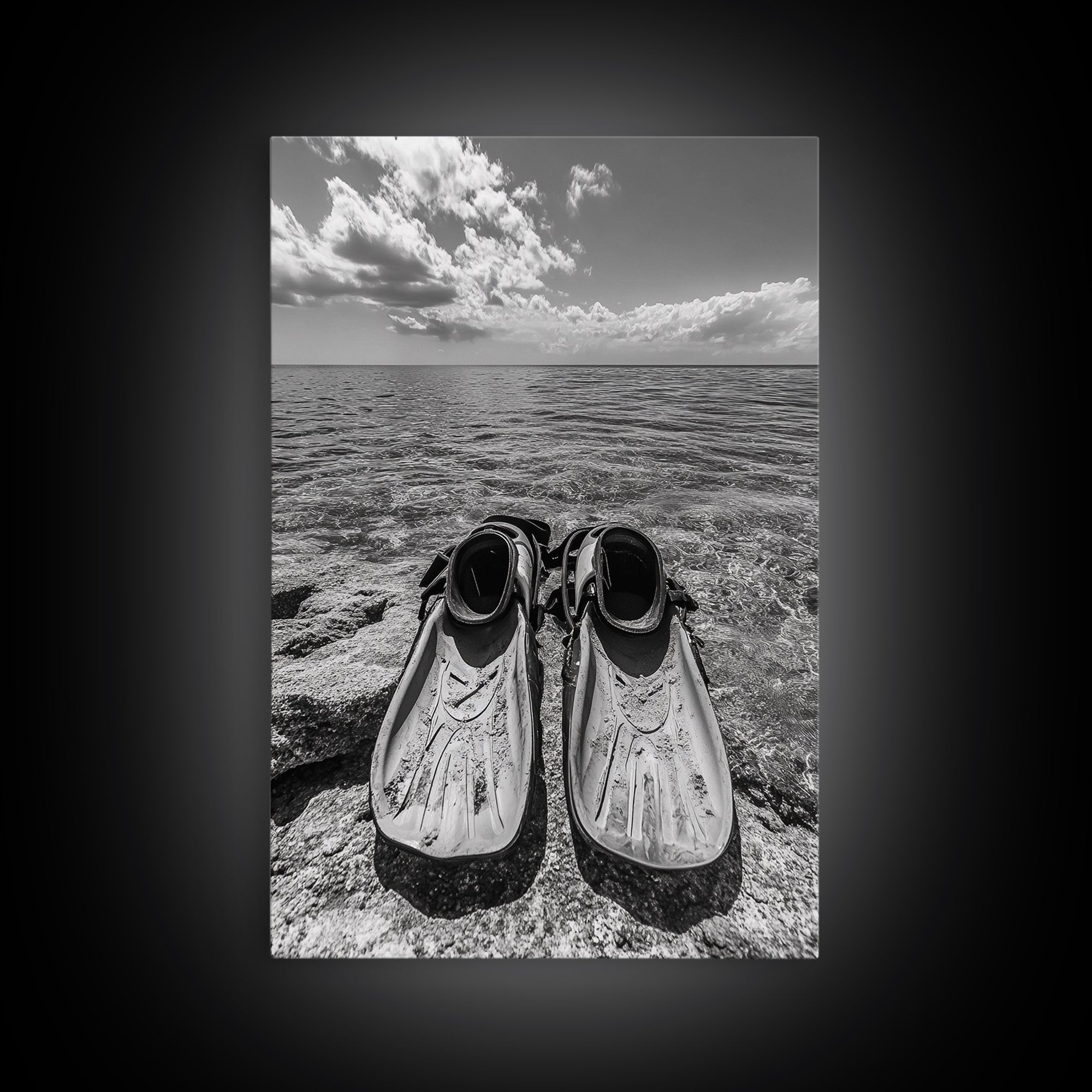 Ocean Fins, Coastal Escape, Underwater Adventure, Canvas Print, Beach Bathroom Wall Art, Nautical Photography, Black and White Decor