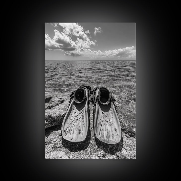Ocean Fins, Coastal Escape, Underwater Adventure, Canvas Print, Beach Bathroom Wall Art, Nautical Photography, Black and White Decor