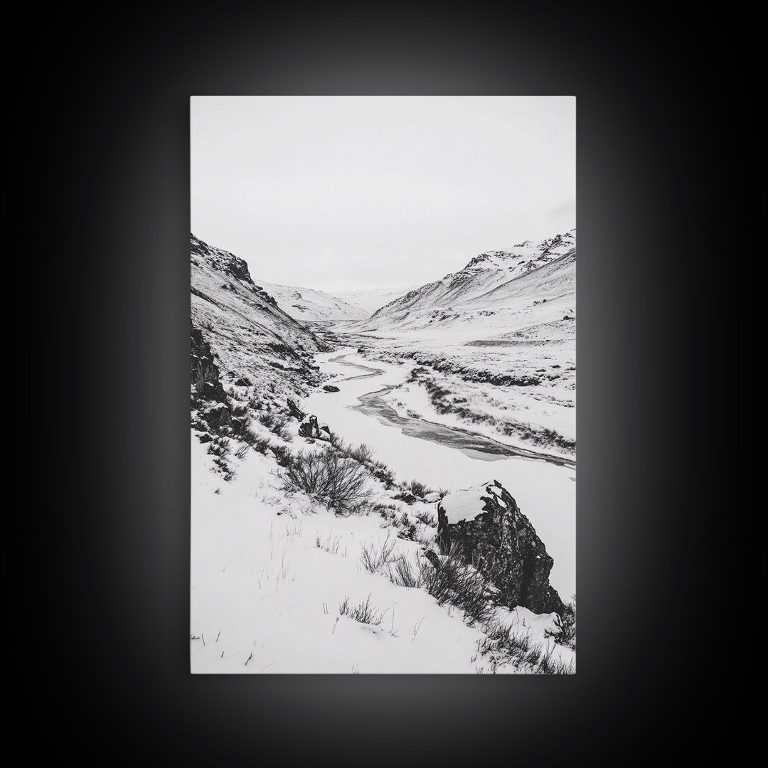 Snowy Canyon, Winter Valley, Frozen Landscape, Framed Canvas Print, Minimalist Wall Art, Neutral Living Room or Office Decor