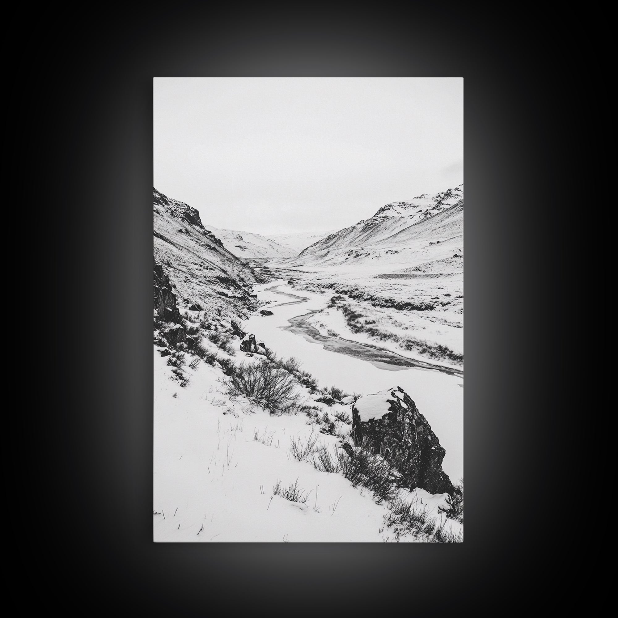 Snowy Canyon, Winter Valley, Frozen Landscape, Framed Canvas Print, Minimalist Wall Art, Neutral Living Room or Office Decor