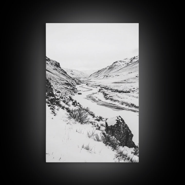 Snowy Canyon, Winter Valley, Frozen Landscape, Framed Canvas Print, Minimalist Wall Art, Neutral Living Room or Office Decor