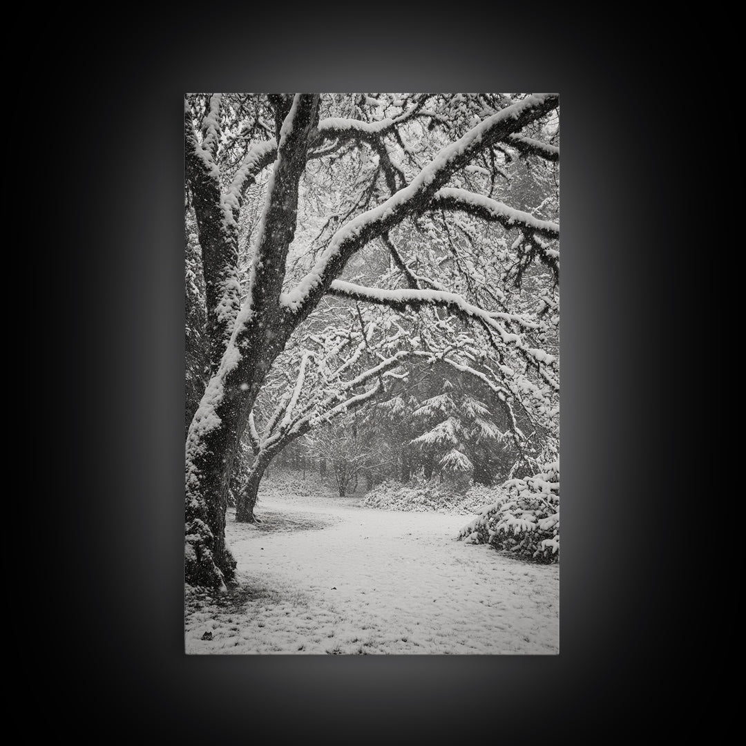 Snowfall Trees, Winter Forest, Nature Pathway, Canvas Print, Holiday Season Decor, Cozy Living Room or Cabin Wall Art