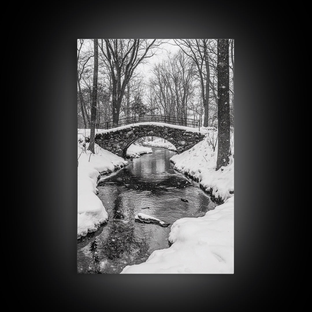 Stone Bridge, Winter Stream, Historic Pathway, Framed Canvas Print, Snowy Landscape Art, Traditional Living Room Wall Decor