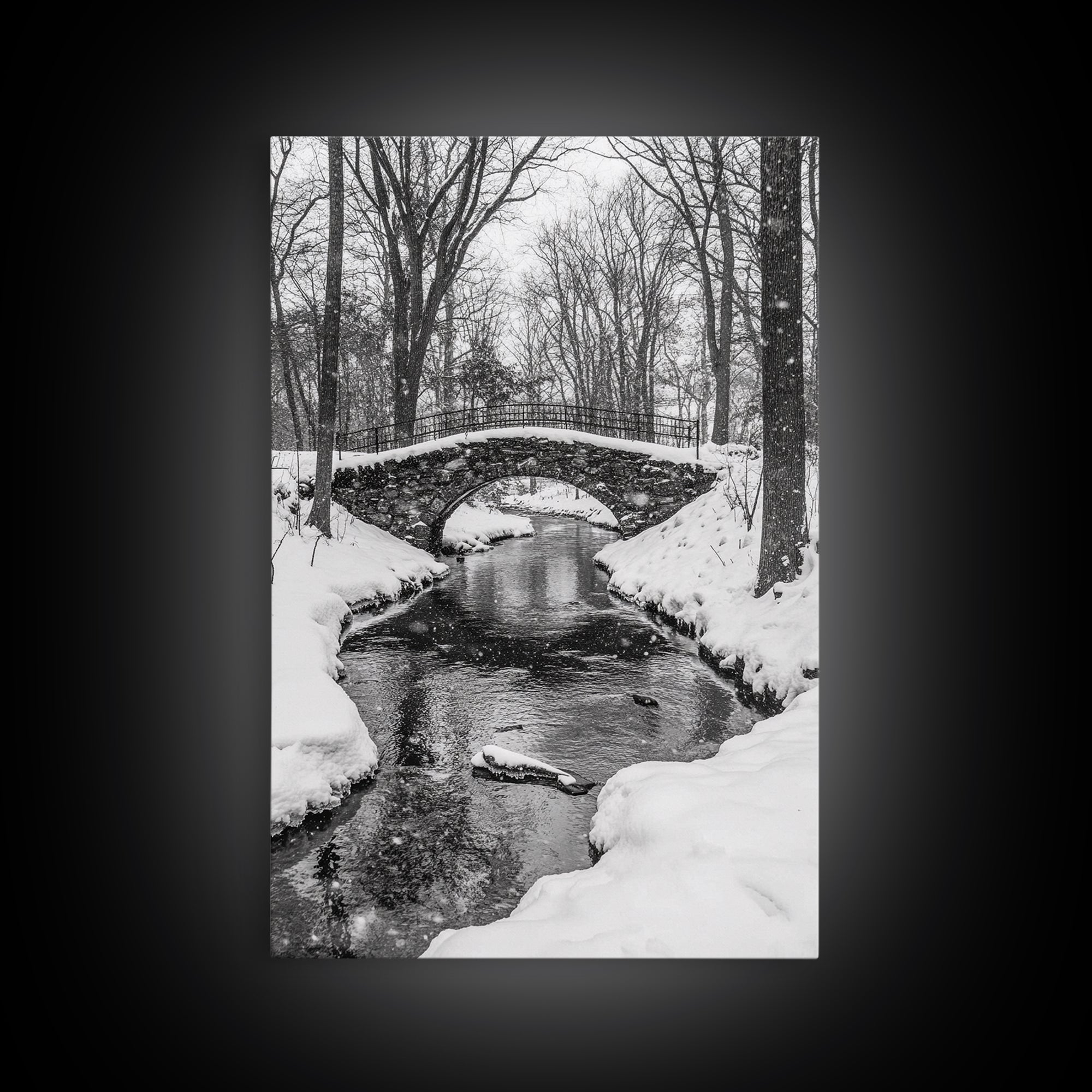 Stone Bridge, Winter Stream, Historic Pathway, Framed Canvas Print, Snowy Landscape Art, Traditional Living Room Wall Decor