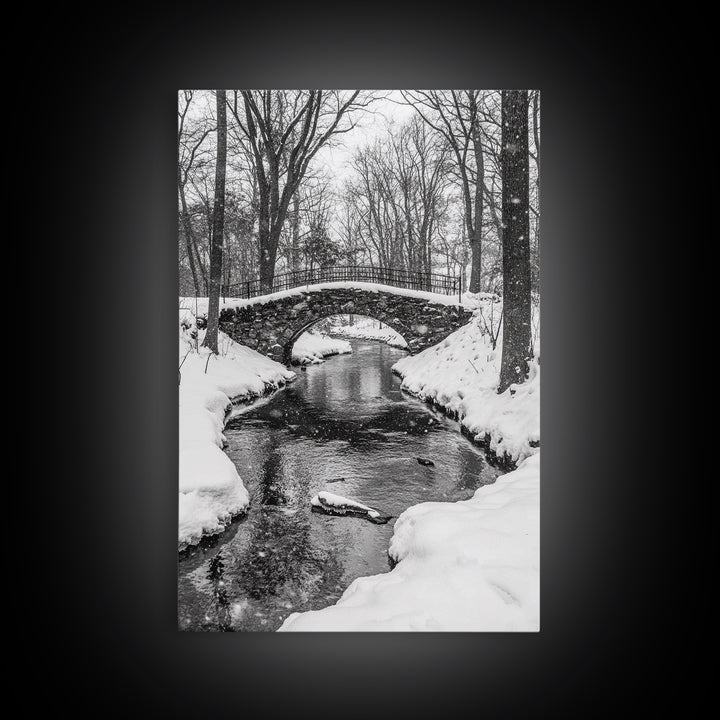 Stone Bridge, Winter Stream, Historic Pathway, Framed Canvas Print, Snowy Landscape Art, Traditional Living Room Wall Decor