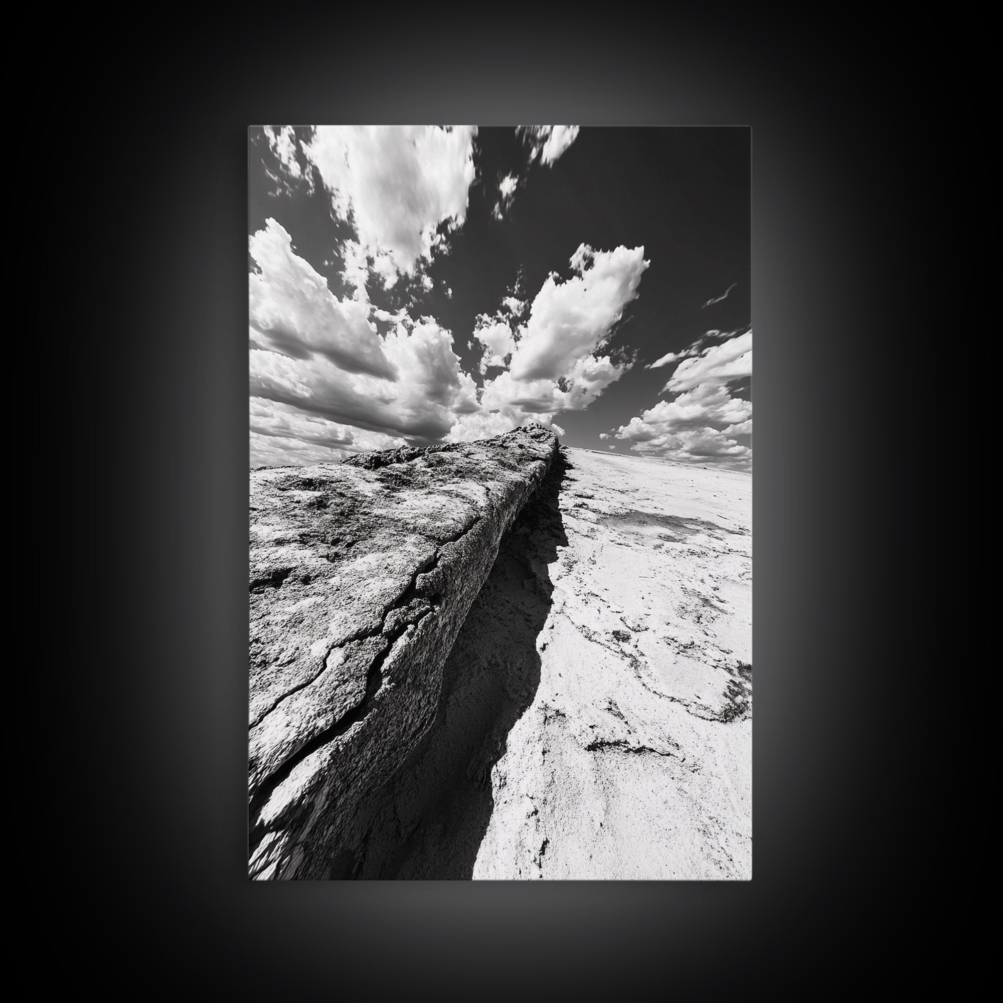Desert Crack, Dramatic Sky, Harsh Terrain, Framed Canvas Print, Abstract Nature Photography, Rustic Office or Study Wall Art