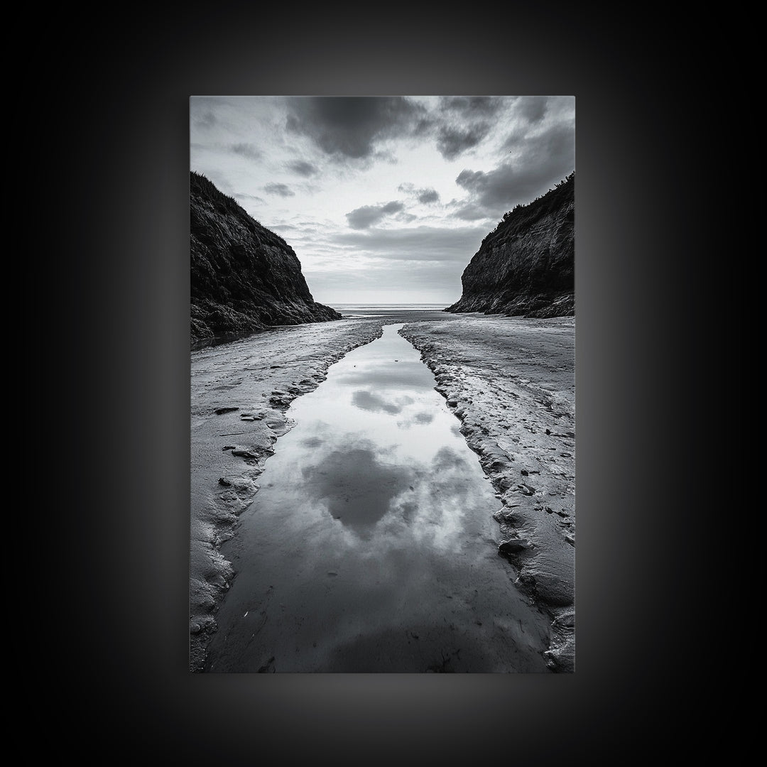 Ocean Reflection, Seaside Path, Moody Coastline, Canvas Print, Black and White Nature Photography, Modern Living Room Wall Art