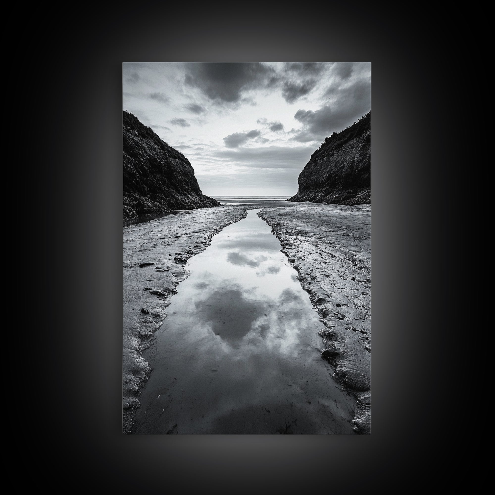 Ocean Reflection, Seaside Path, Moody Coastline, Canvas Print, Black and White Nature Photography, Modern Living Room Wall Art
