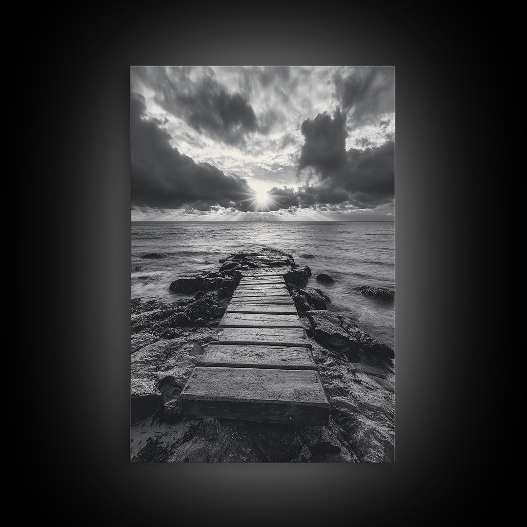 Ocean Pier Sunset, Dramatic Clouds, Seascape Pathway, Canvas Print, Coastal Living Room Art, Tranquil Decor, Minimalist Style
