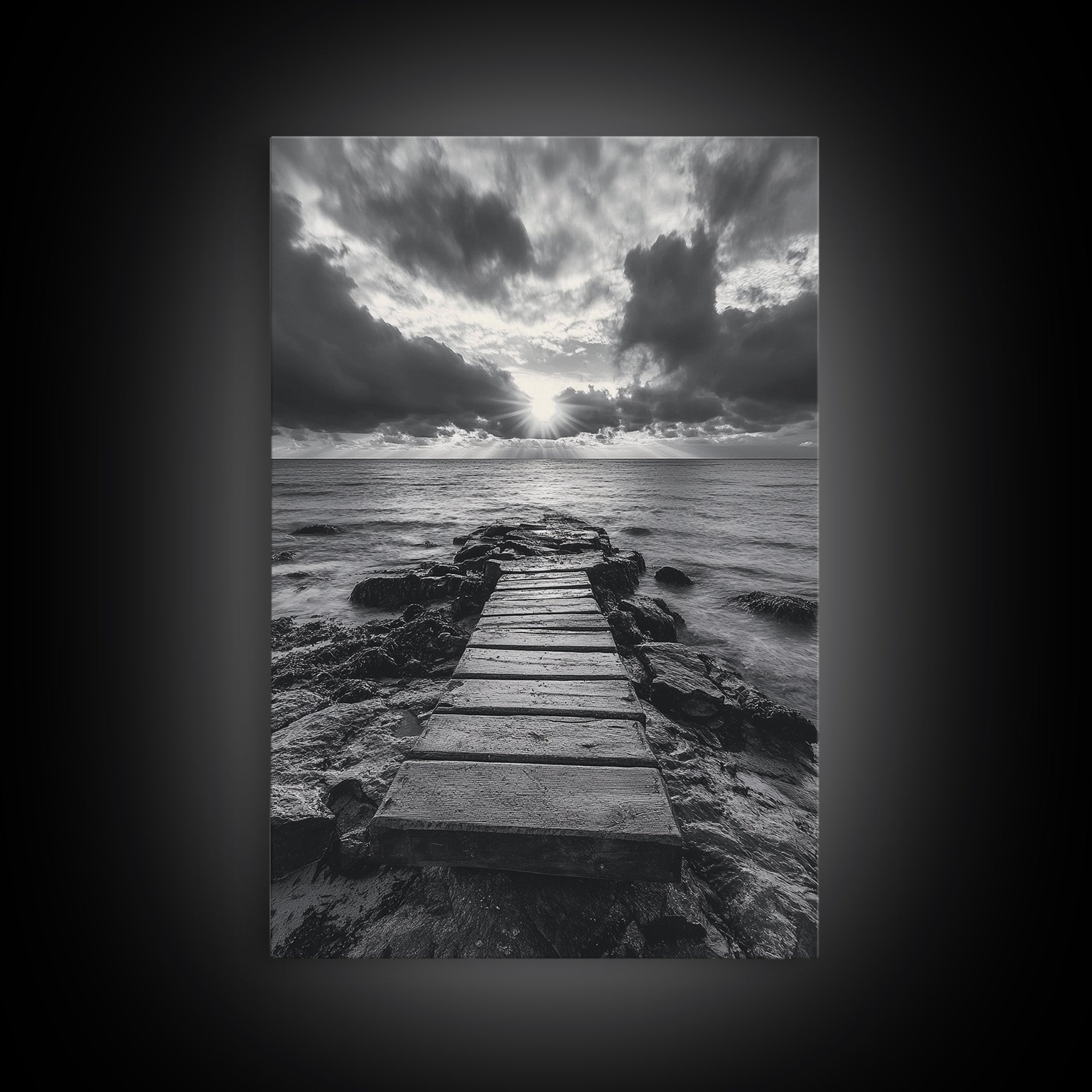 Ocean Pier Sunset, Dramatic Clouds, Seascape Pathway, Canvas Print, Coastal Living Room Art, Tranquil Decor, Minimalist Style