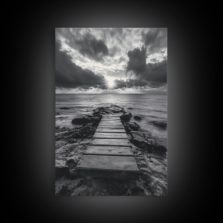 Ocean Pier Sunset, Dramatic Clouds, Seascape Pathway, Canvas Print, Coastal Living Room Art, Tranquil Decor, Minimalist Style