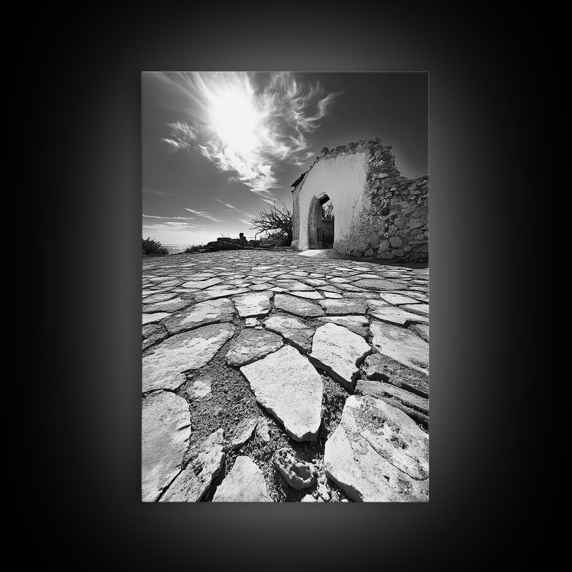 Desert Archway, Stone Ruins, Sunny Sky, Canvas Print, Rustic Travel Wall Art, Mediterranean Decor, Minimalist Earthy Aesthetic