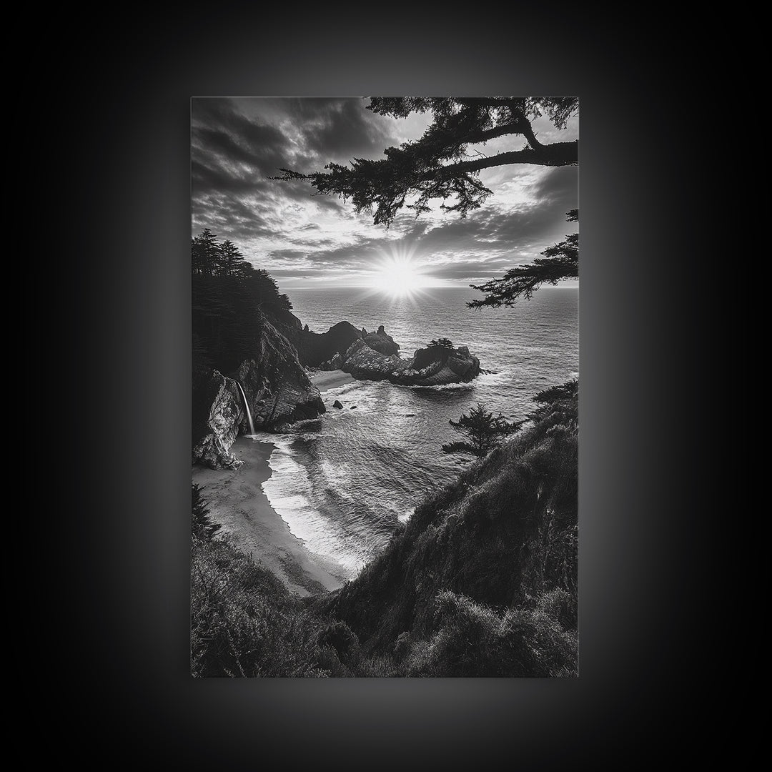 Cliffside Ocean View, Sunset Horizon, Trees Framing Sky, Canvas Print, Coastal Landscape Art, Cabin Living Room Decor, Moody Style