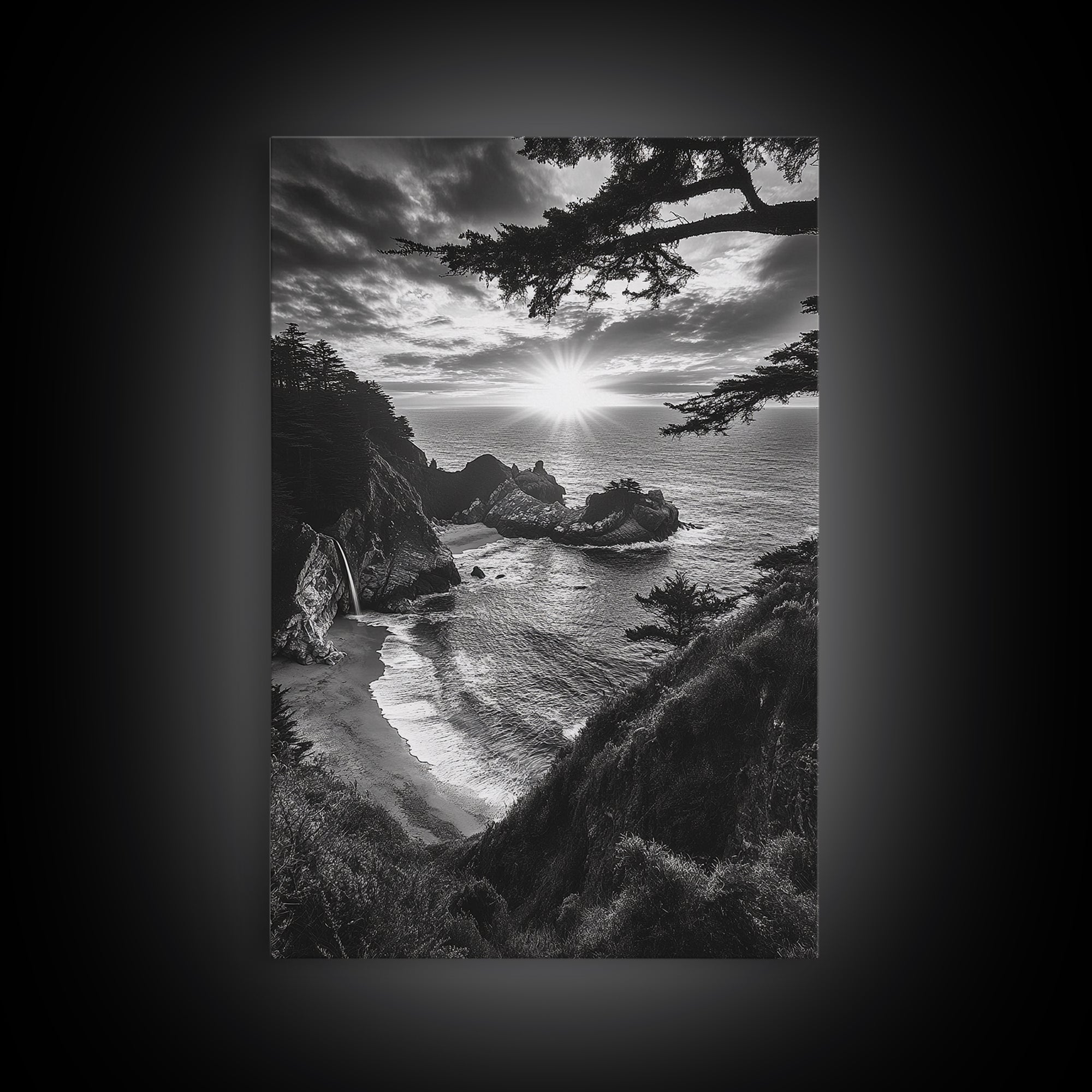 Cliffside Ocean View, Sunset Horizon, Trees Framing Sky, Canvas Print, Coastal Landscape Art, Cabin Living Room Decor, Moody Style