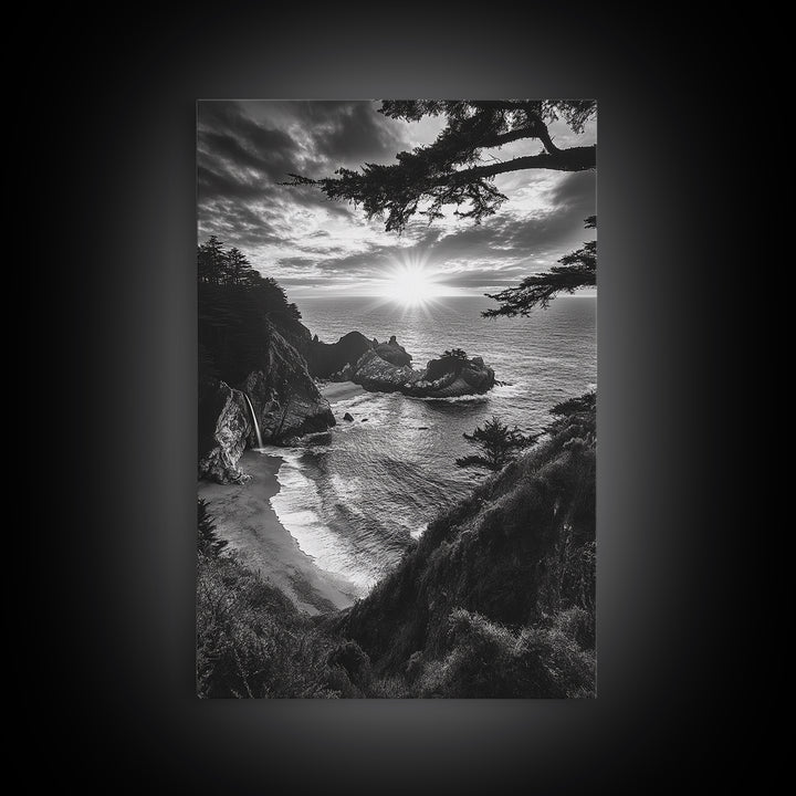 Cliffside Ocean View, Sunset Horizon, Trees Framing Sky, Canvas Print, Coastal Landscape Art, Cabin Living Room Decor, Moody Style