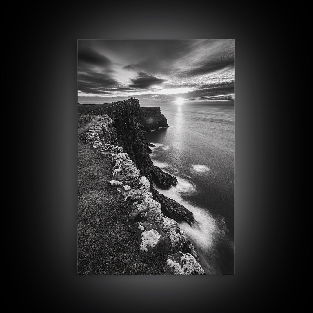 Rugged Sea Cliffs, Sunset Horizon, Serene Waters, Framed Canvas Print, Modern Nature Wall Art, Office Decor, Coastal Aesthetic