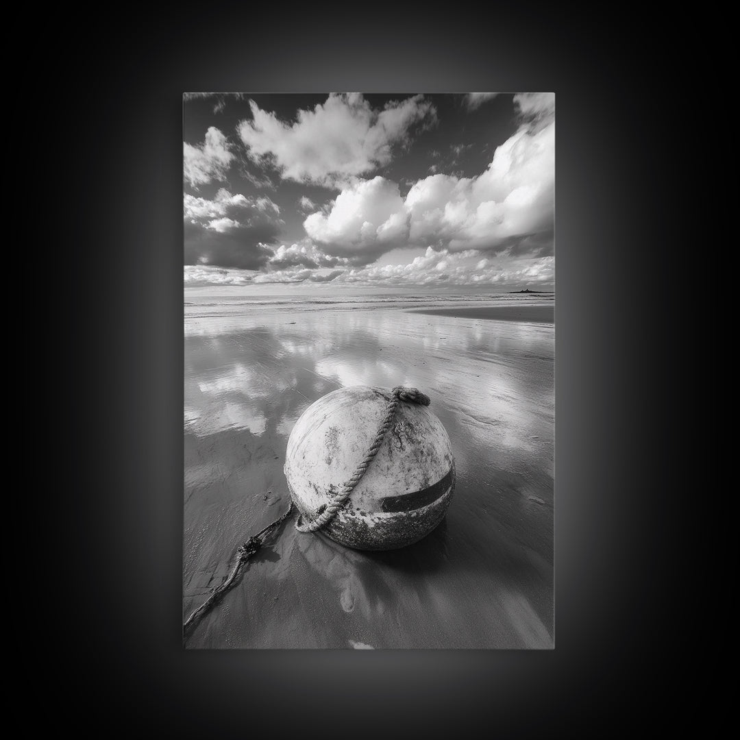 Washed buoy shore, coastal solitude, beach reflections, nautical simplicity, Framed Canvas Print, guest room art, seaside rustic wall decor