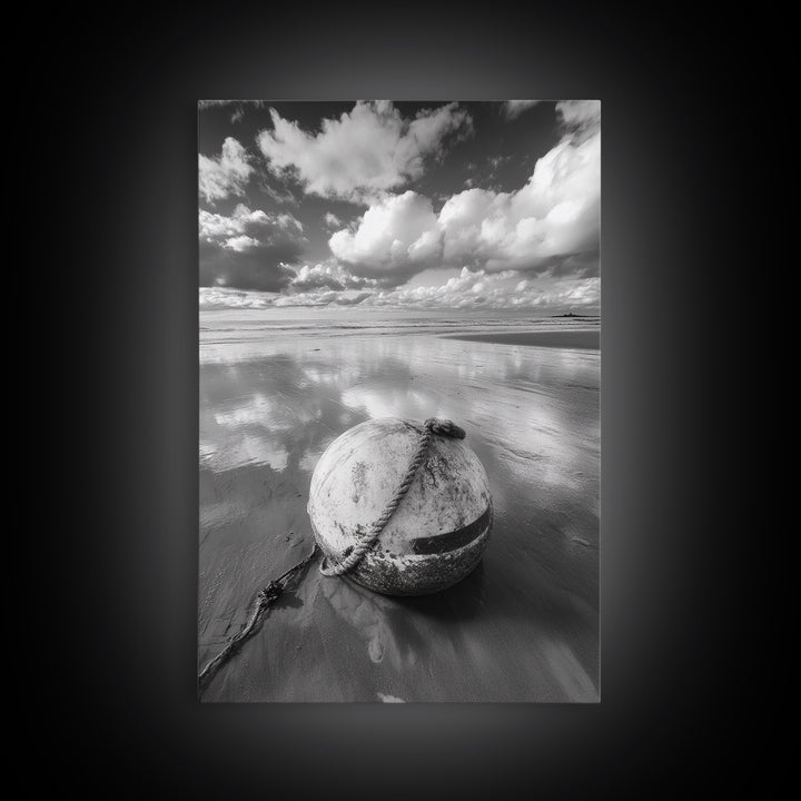 Washed buoy shore, coastal solitude, beach reflections, nautical simplicity, Framed Canvas Print, guest room art, seaside rustic wall decor