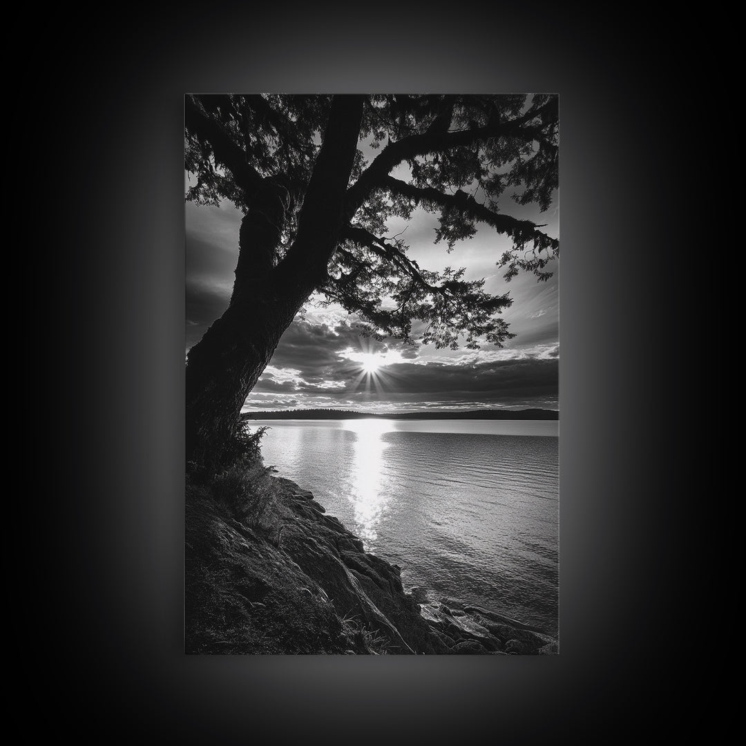 Tranquil Lake Sunset, Tree Silhouette, Calm Waters, Canvas Print, Nature Inspired Wall Art, Relaxing Bedroom Decor, Minimalist Zen