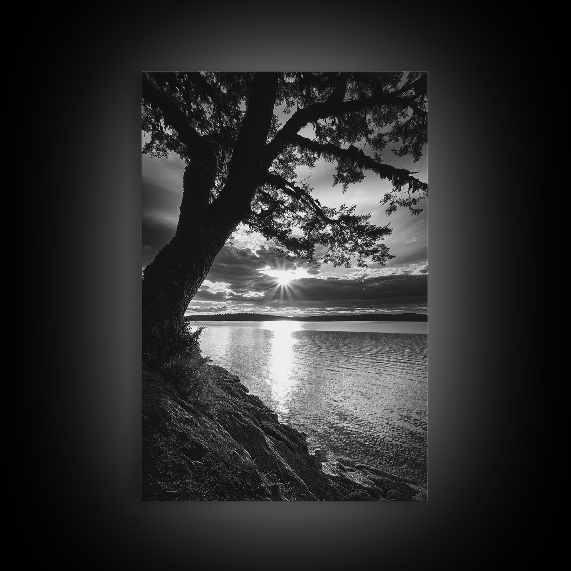 Tranquil Lake Sunset, Tree Silhouette, Calm Waters, Canvas Print, Nature Inspired Wall Art, Relaxing Bedroom Decor, Minimalist Zen