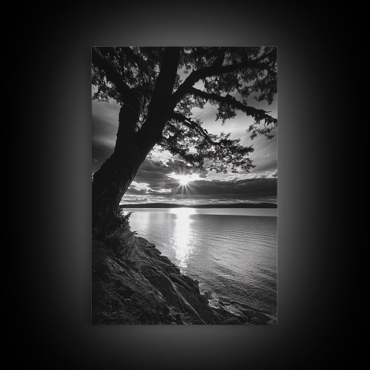 Tranquil Lake Sunset, Tree Silhouette, Calm Waters, Canvas Print, Nature Inspired Wall Art, Relaxing Bedroom Decor, Minimalist Zen