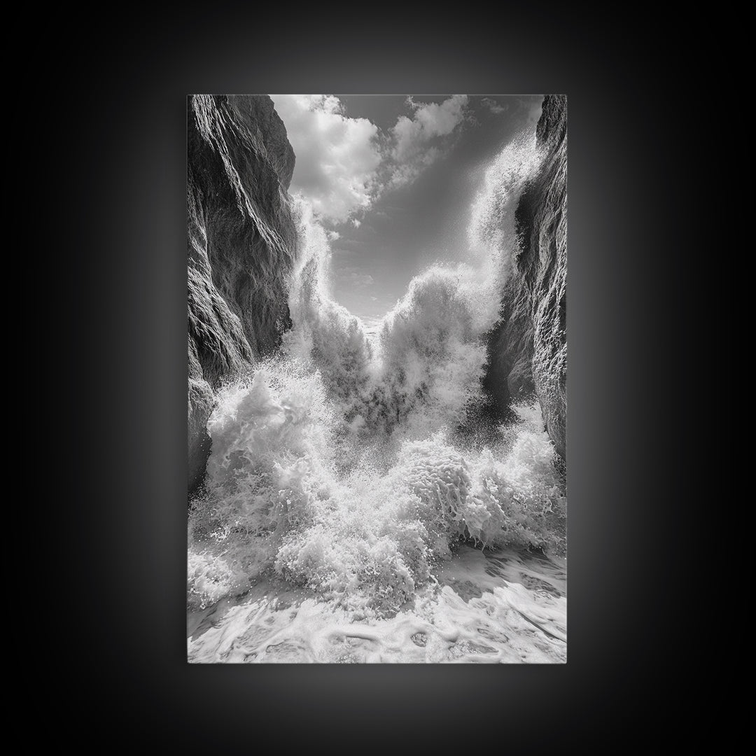 Ocean Splash, Cliff Waves, Nature Power, Dramatic Seascape, Framed Canvas Print, Living Room Statement, Black and White Wall Art