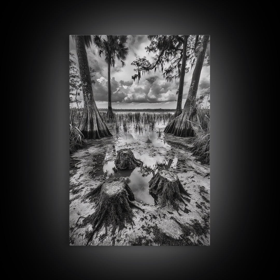 Swamp Scene, Cypress Trees, Reflection Water, Southern Nature, Canvas Print, Cabin Wall Art, Moody Landscape, Autumn Rustic Decor