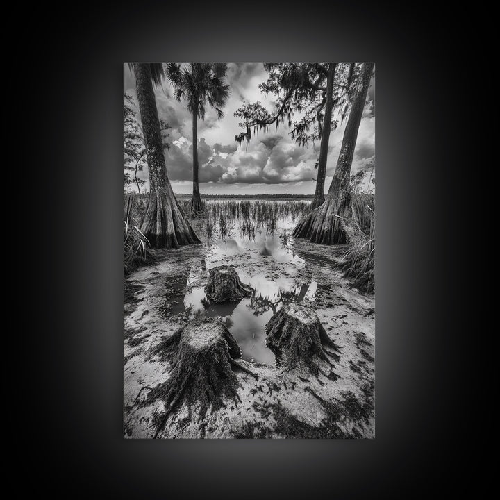 Swamp Scene, Cypress Trees, Reflection Water, Southern Nature, Canvas Print, Cabin Wall Art, Moody Landscape, Autumn Rustic Decor