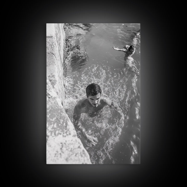 Swimmers, Summer Water, Beach Moment, Candid Photography, Framed Canvas Print, Bathroom Wall Art, Youthful Energetic Decor