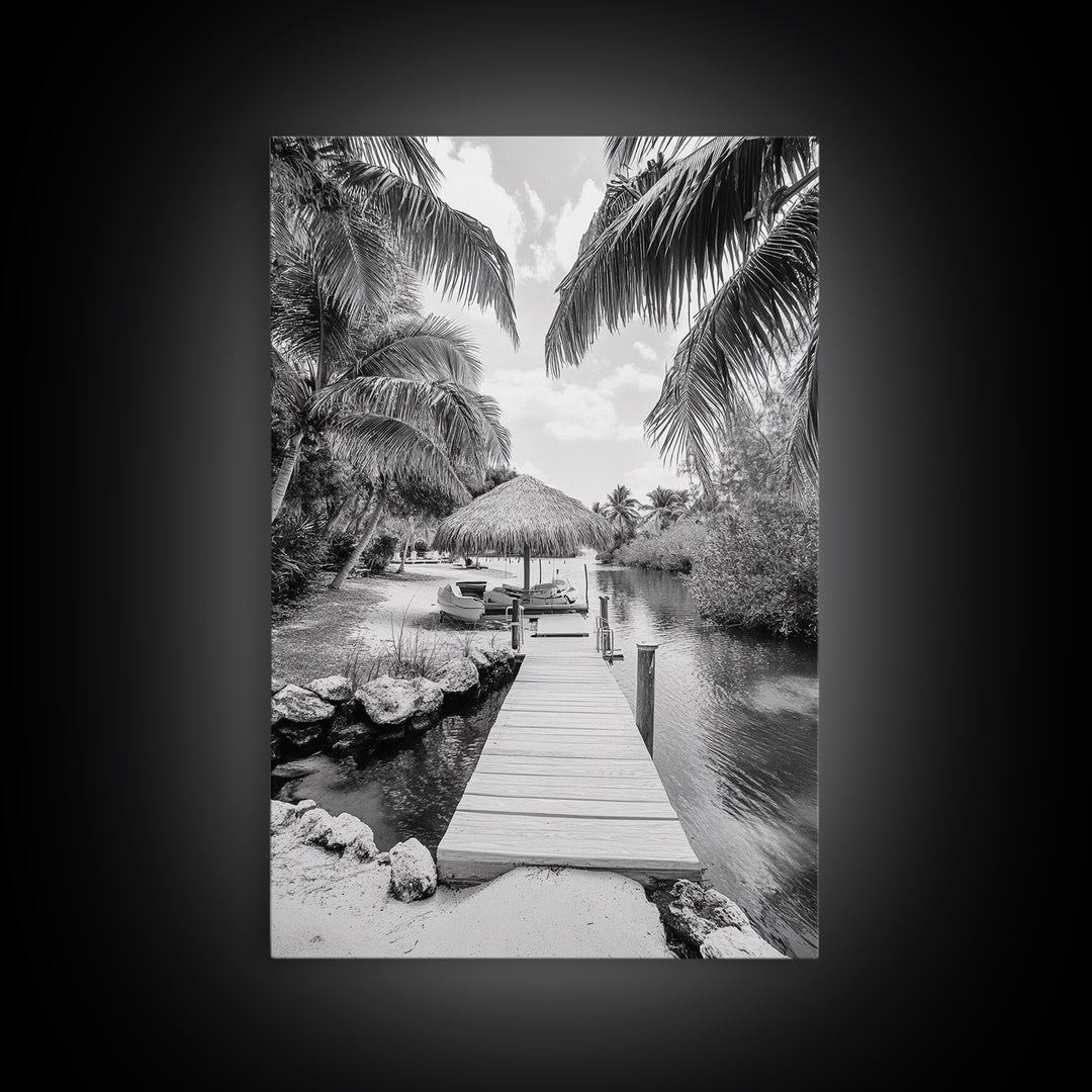 Tropical Dock, Island Escape, Palm Tree Beach, Secluded Lagoon, Canvas Print, Coastal Kitchen Art, Boho Tropical Wall Decor