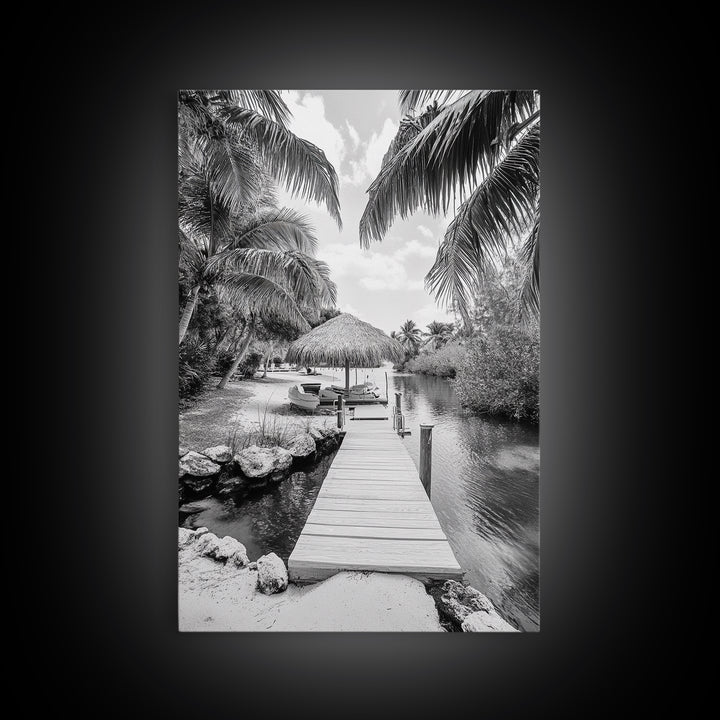 Tropical Dock, Island Escape, Palm Tree Beach, Secluded Lagoon, Canvas Print, Coastal Kitchen Art, Boho Tropical Wall Decor