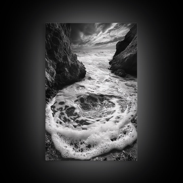 Sea Whirlpool, Dramatic Ocean, Coastal Rocks, Nature Motion, Framed Canvas Print, Bathroom Art, Modern Seaside Wall Decor