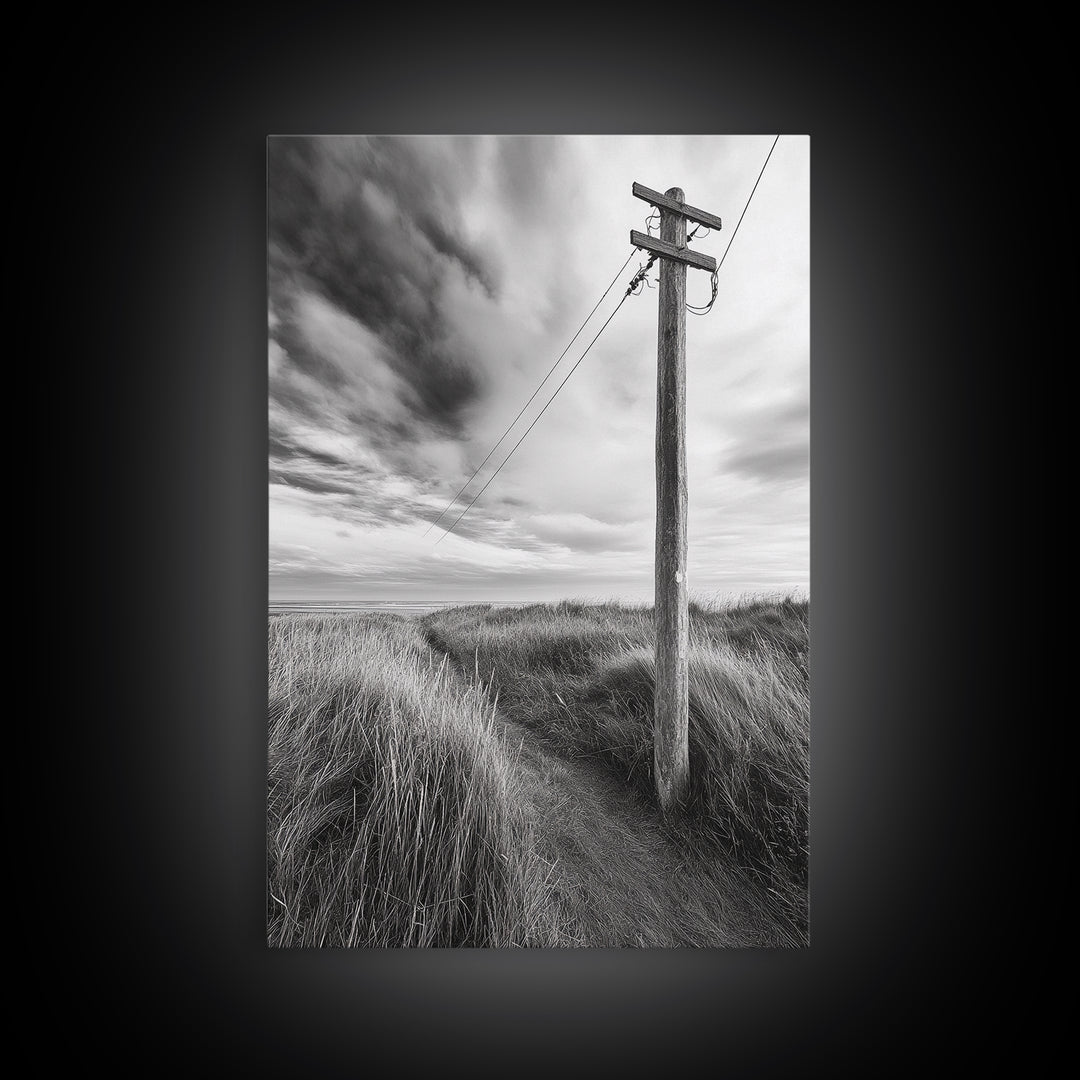 Coastal Path, Telephone Pole, Cloudy Sky, Minimal Nature Scene, Canvas Print, Entryway Wall Art, Rustic Landscape Photography Decor