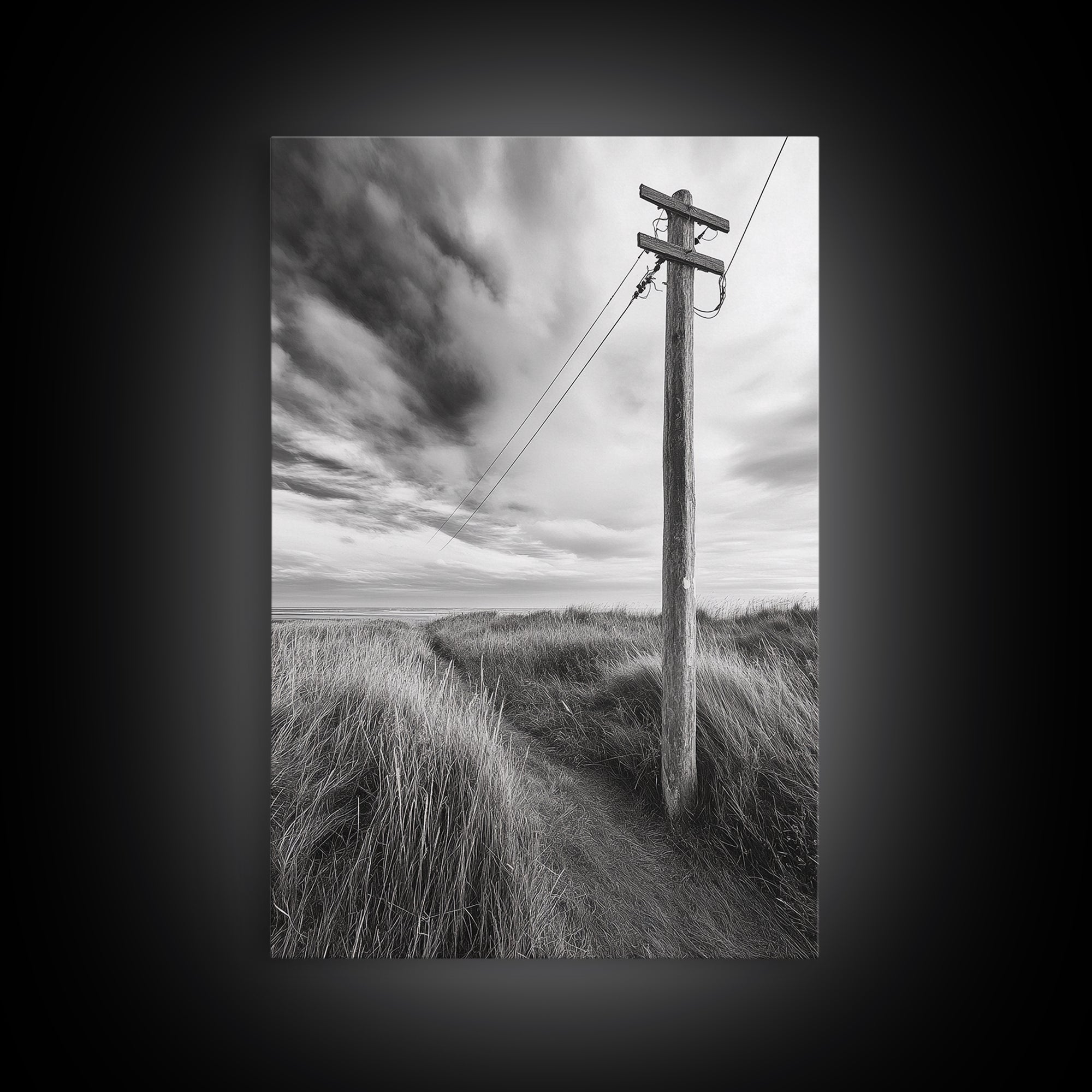 Coastal Path, Telephone Pole, Cloudy Sky, Minimal Nature Scene, Canvas Print, Entryway Wall Art, Rustic Landscape Photography Decor